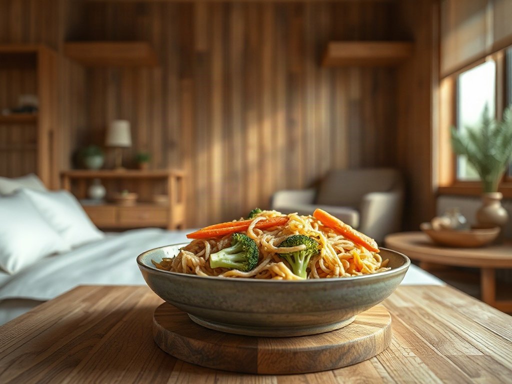 Miến lứt và rau như cà rốt và bông cải xanh chụp từ trên xuống