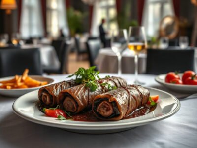 Món bò cuốn mỡ chài trong phòng ăn