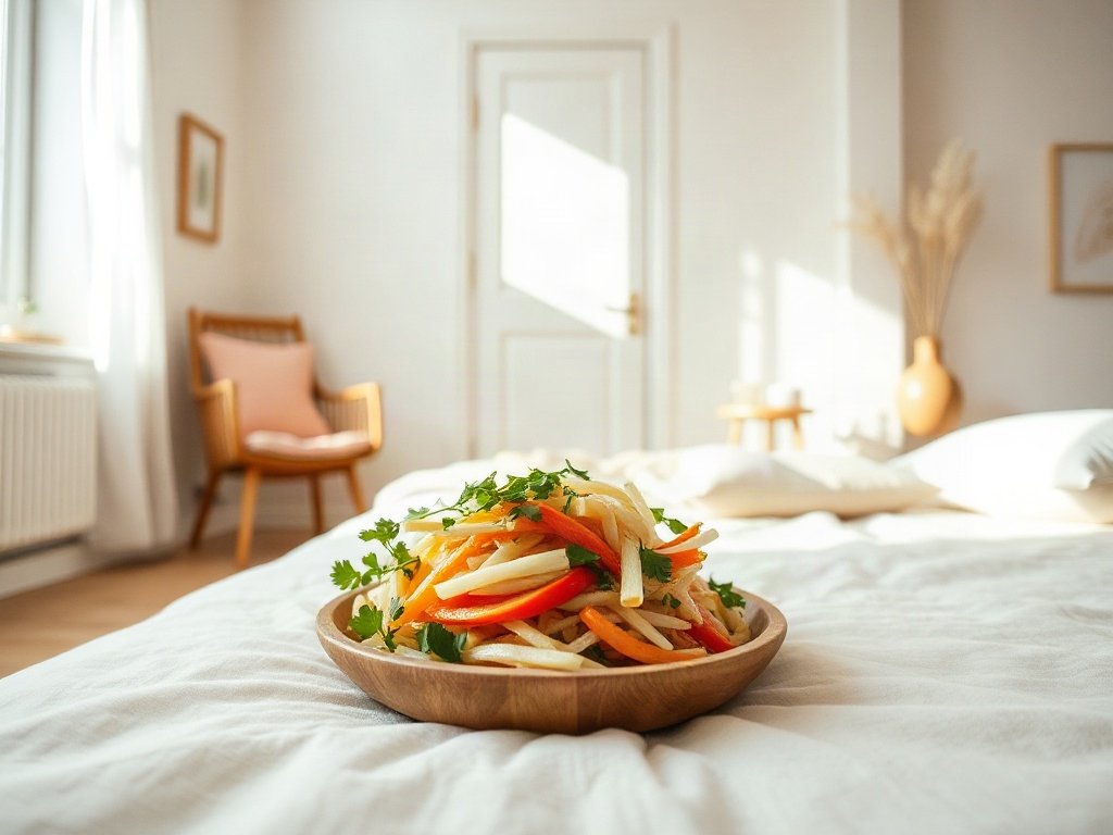 Món hủ tiếu chay được bày trí đẹp với rau thơm