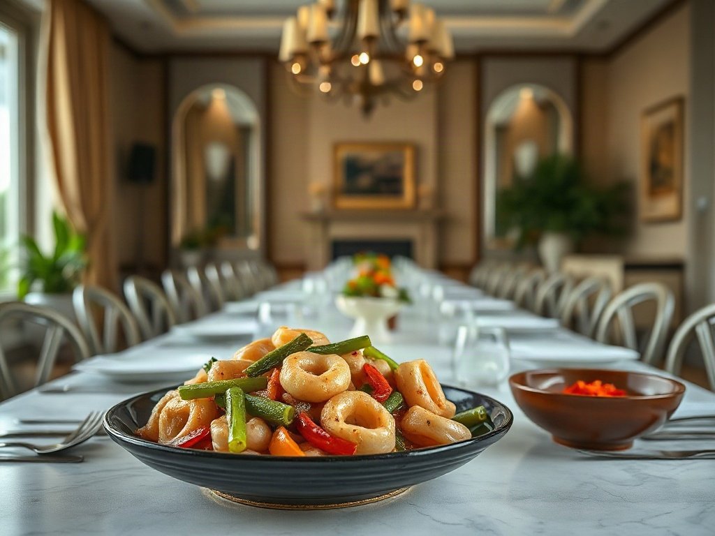 Món mực xào chua ngọt cần tây trên bàn ăn