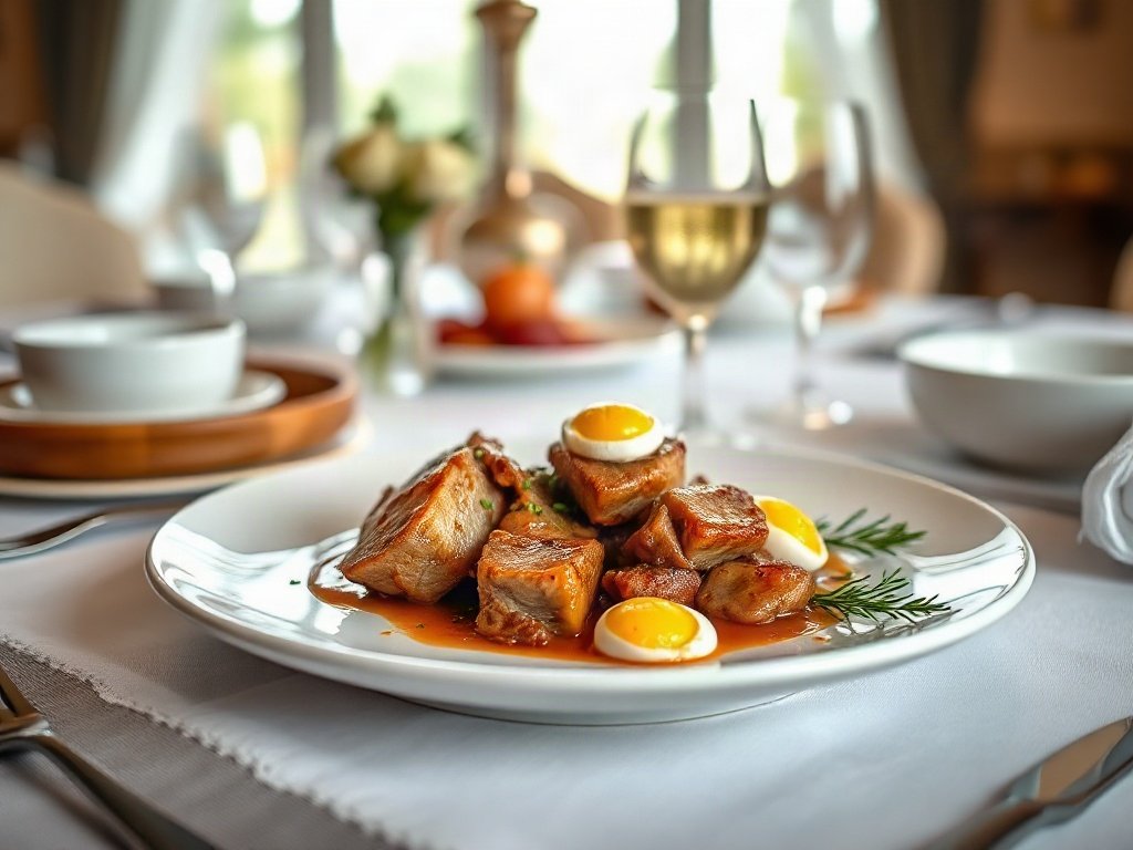 Món thịt kho trứng cút trên đĩa