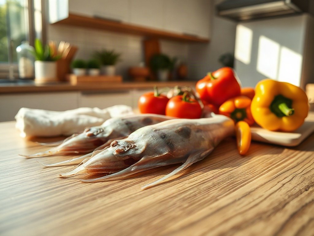 Mực tươi và rau củ sơ chế trên bàn bếp