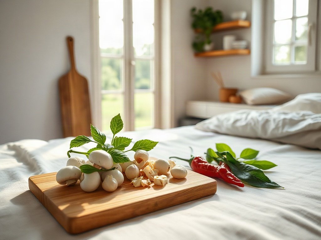 Nấm tươi, sả băm và ớt đỏ trên thớt gỗ, bếp nắng
