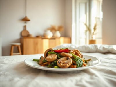 Nấm xào sả ớt chay trên đĩa trắng, nhà bếp sáng