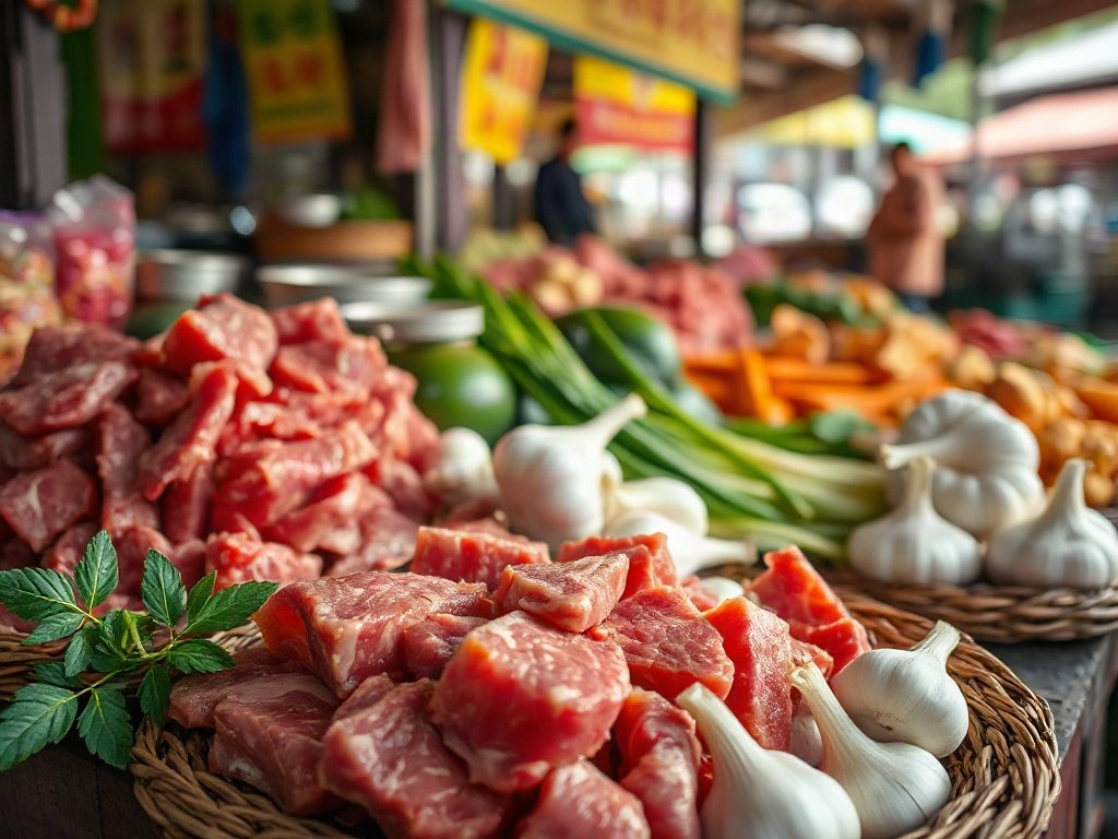 Nguyên liệu bò và hoa thiên lý tươi ngon tại chợ