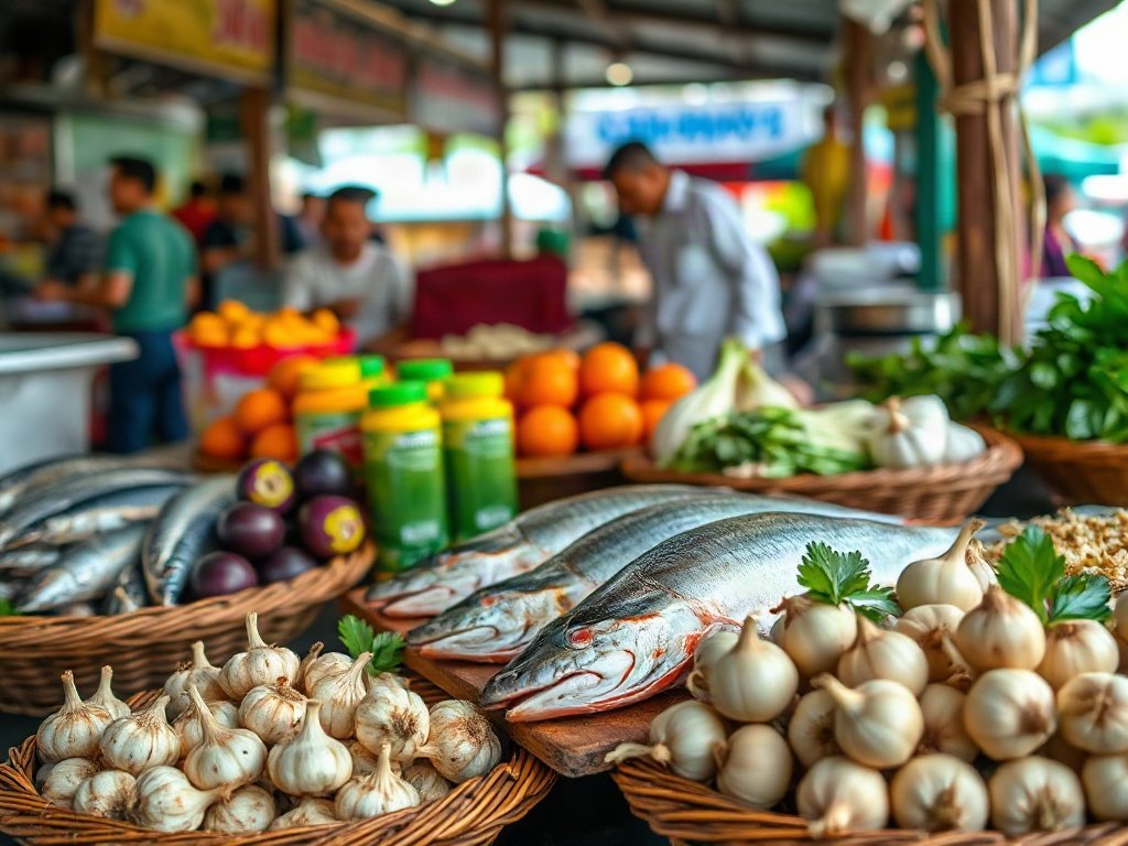 Nguyên liệu cá hồi và chanh dây tại chợ