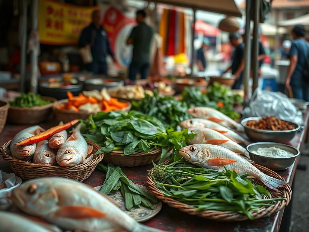 Nguyên liệu cá trê và gia vị tại chợ Việt Nam