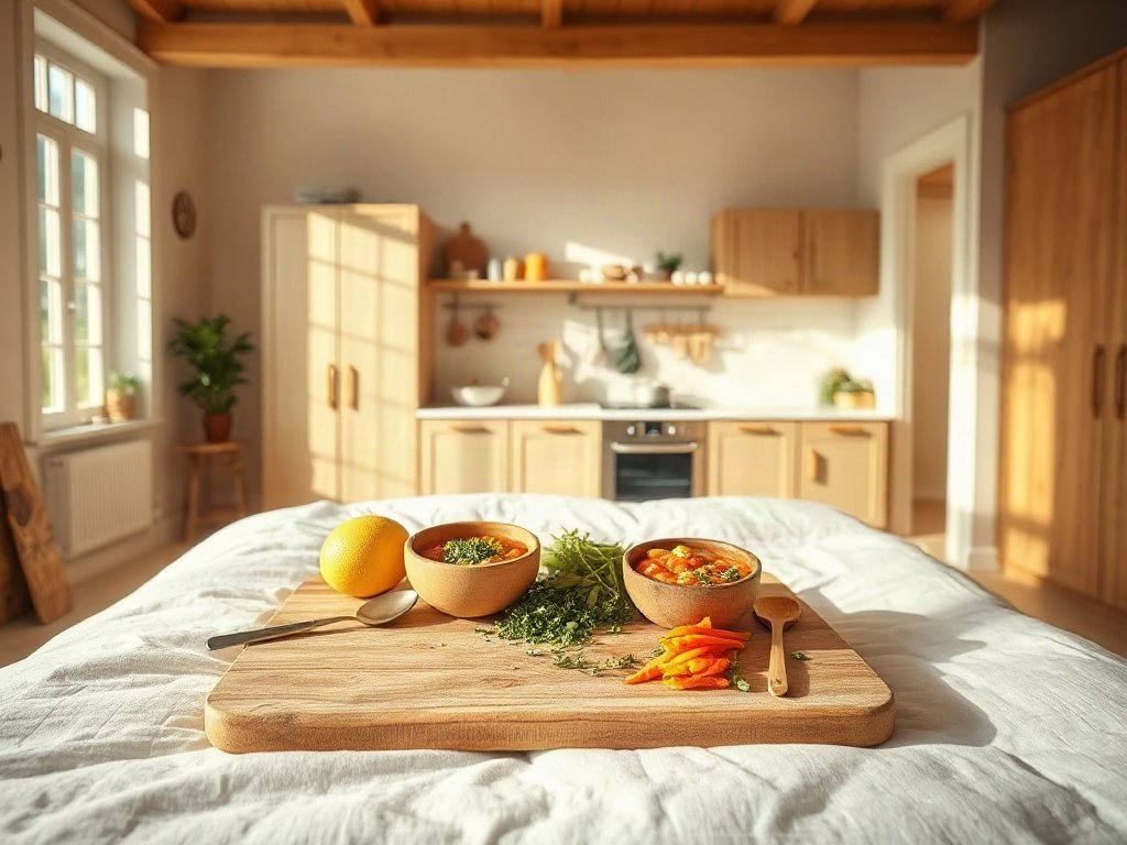 Nguyên liệu canh sống động trên thớt gỗ
