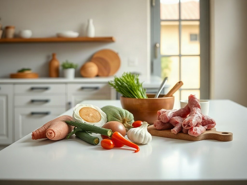 Nguyên liệu chuẩn bị cho lẩu vịt trên bàn bếp
