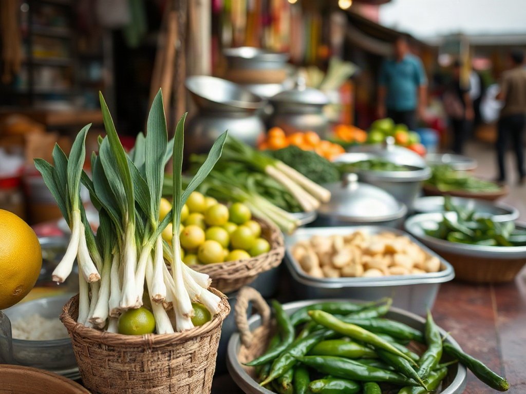 Nguyên liệu lá chúc, sả và ớt ở chợ