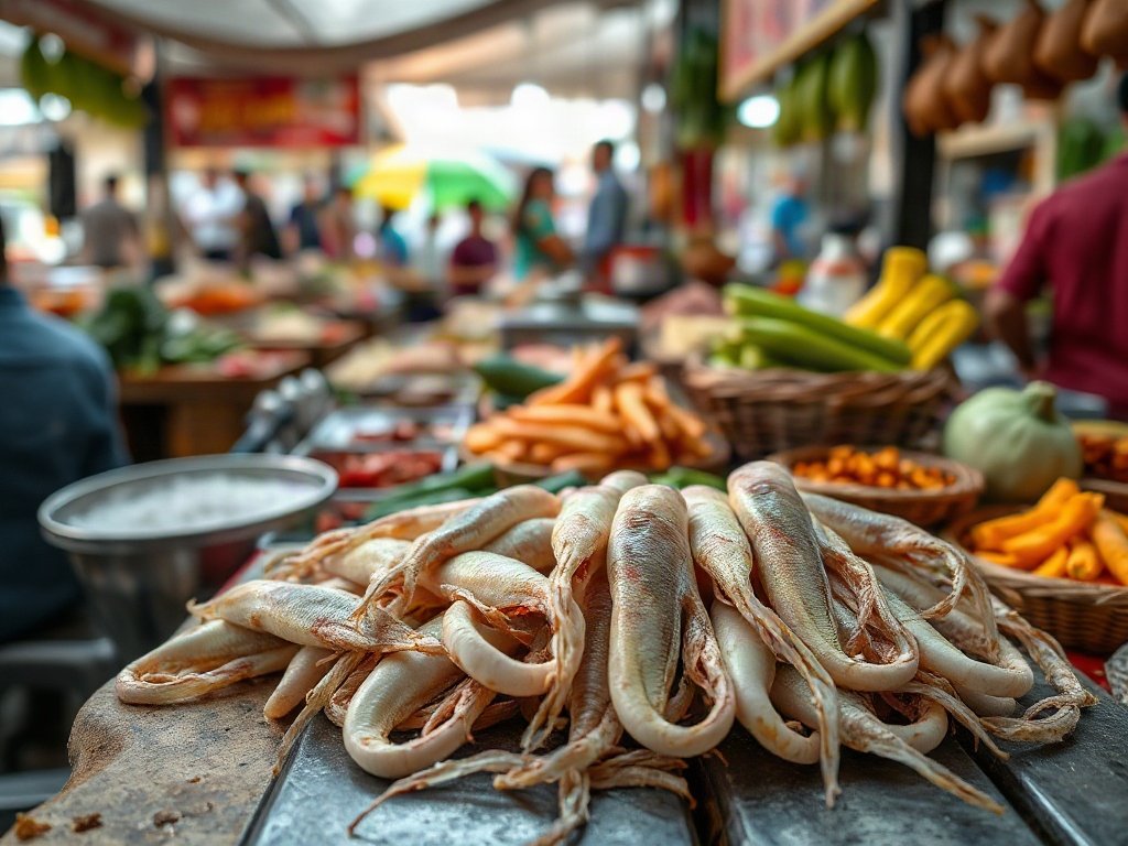 Nguyên liệu mực khô và rau củ tại chợ