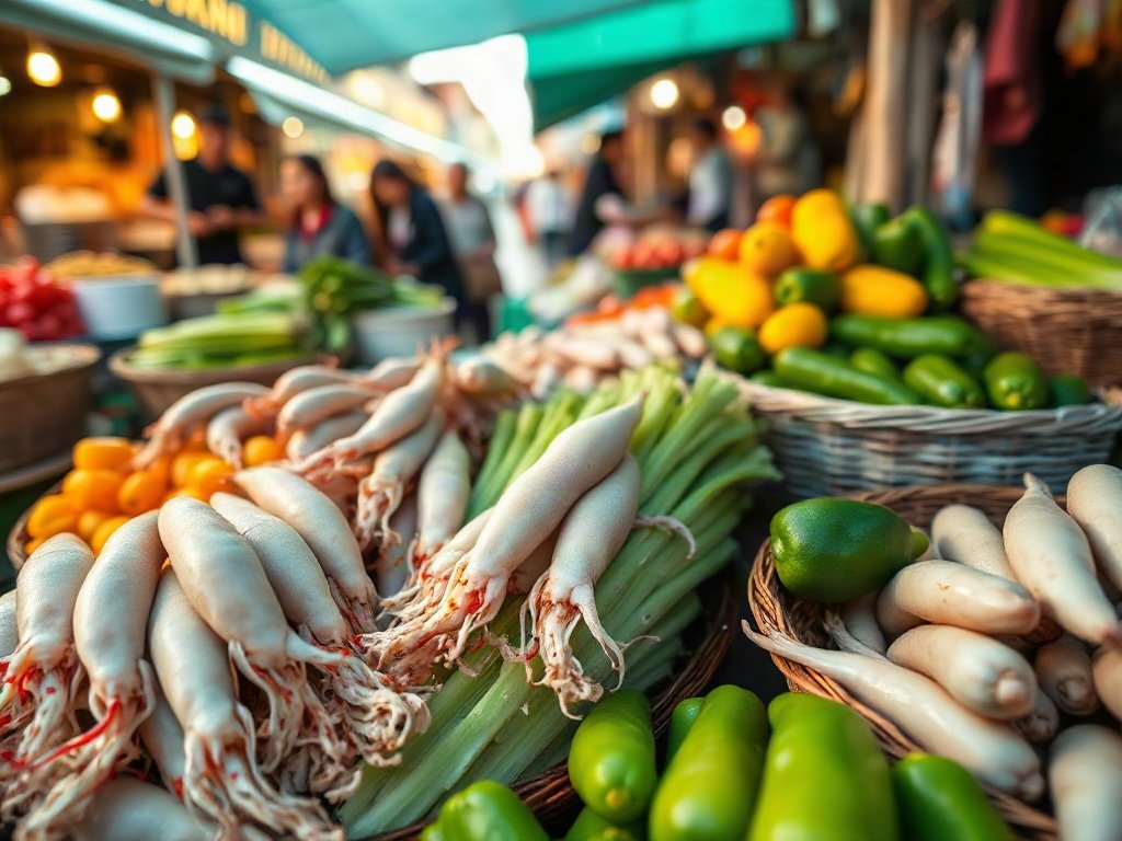 Nguyên liệu mực tươi và rau củ tại chợ