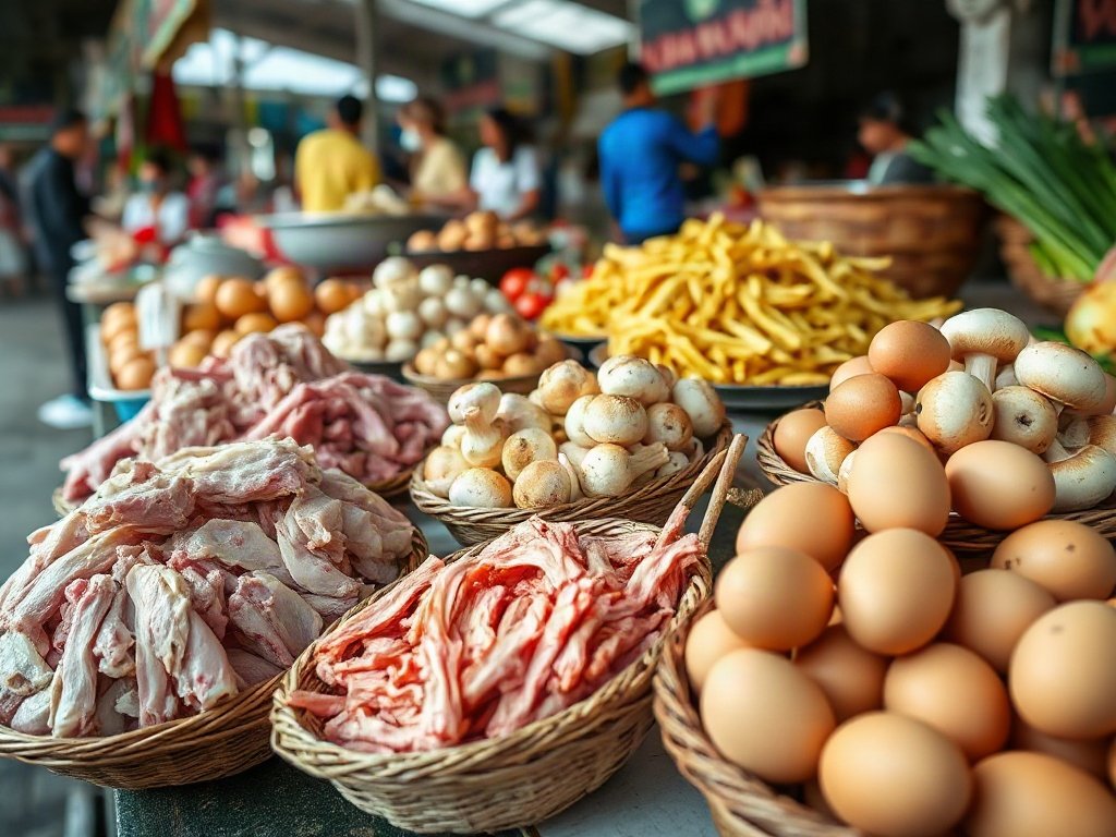 Nguyên liệu nấm hương và thịt băm ở chợ