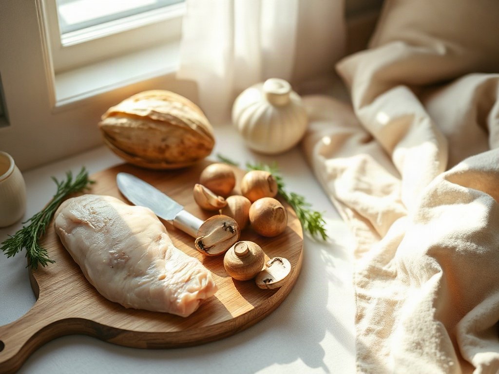 Nguyên liệu nấu ăn lành mạnh: ức gà và nấm