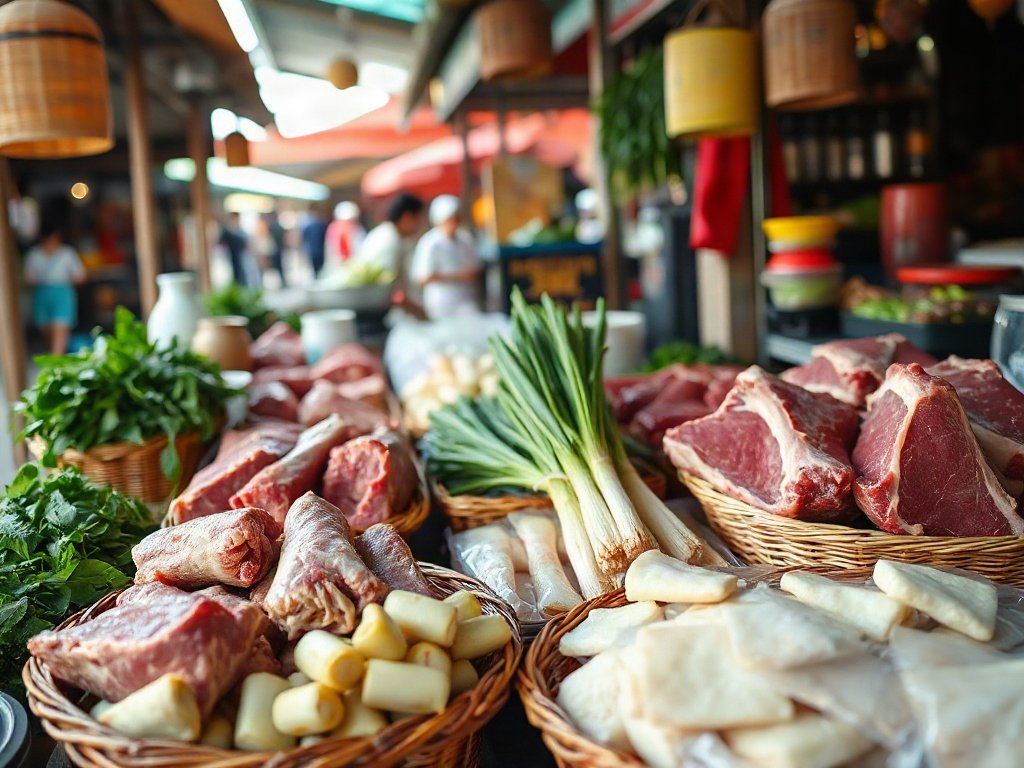Nguyên liệu thịt bò và mỡ chài ở chợ
