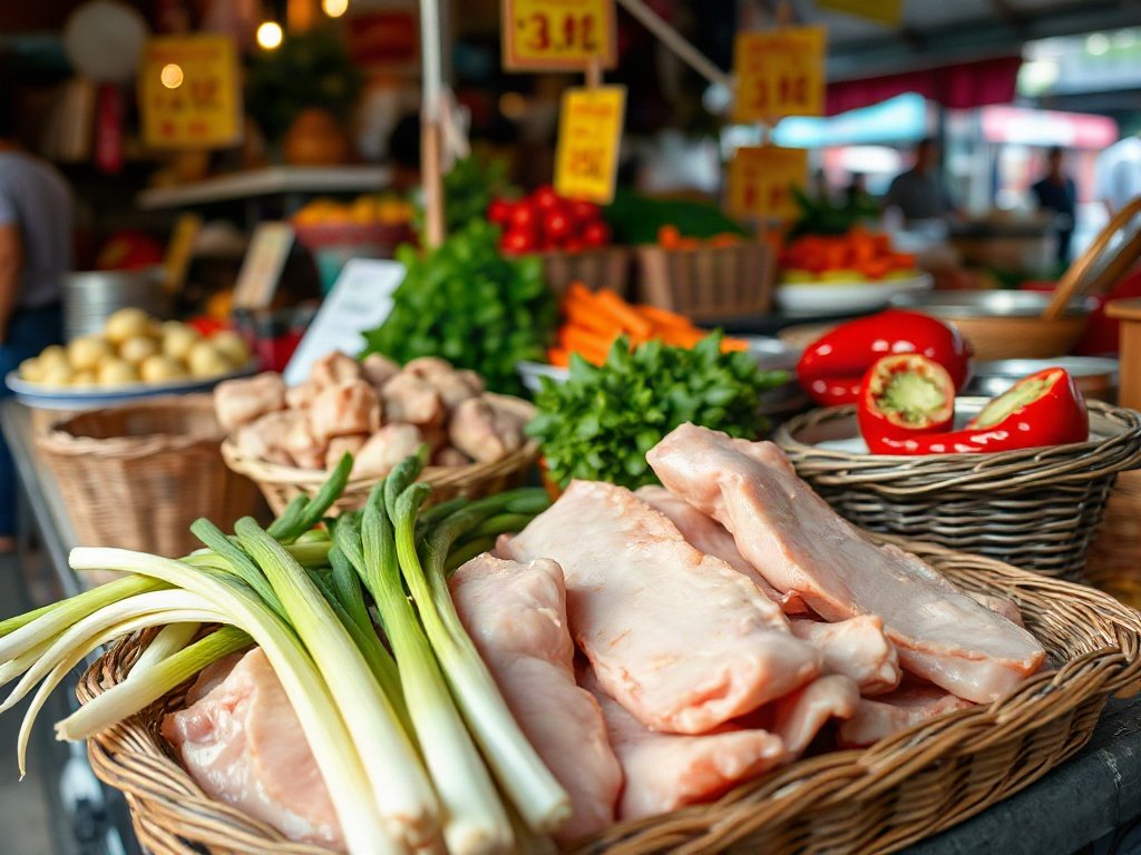 Nguyên liệu thịt heo, sả và ớt tươi tại quầy hàng chợ