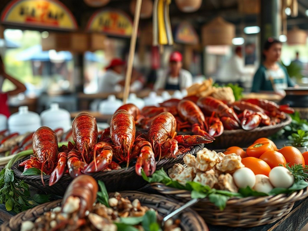 Nguyên liệu tôm hùm và hải sản ở chợ truyền thống