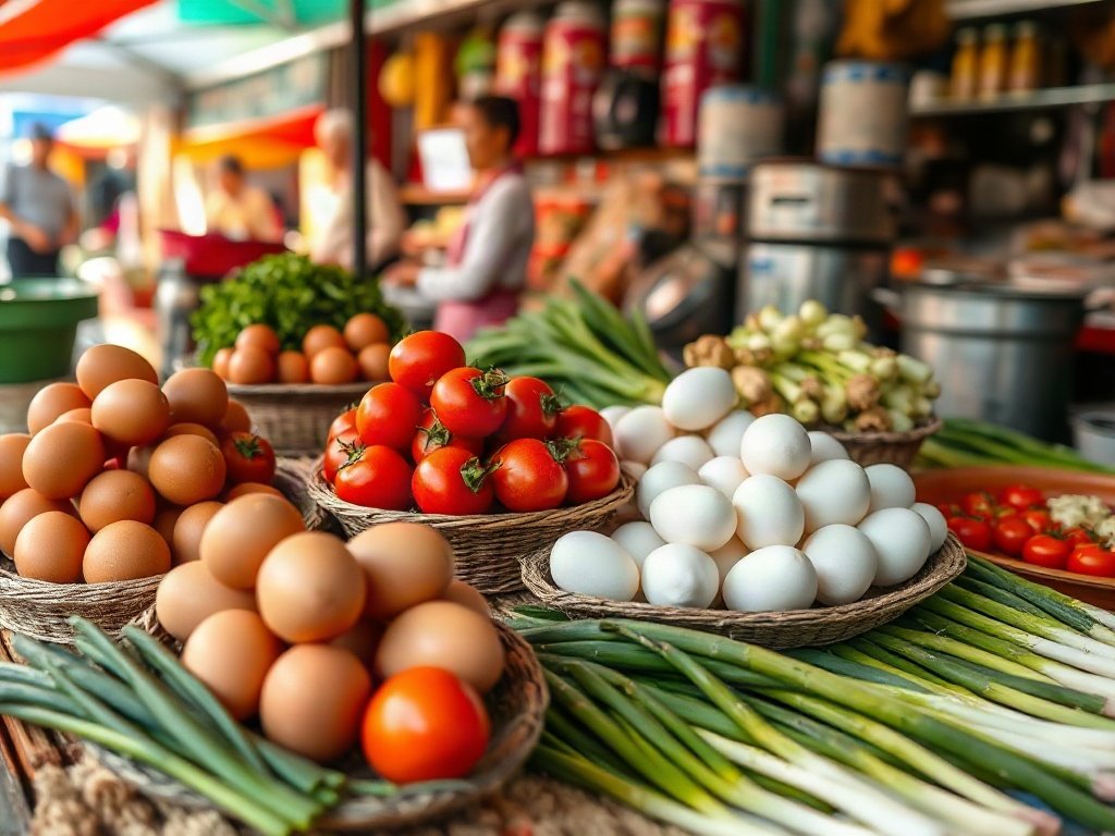 Nguyên liệu trứng, cà chua, hành lá tại chợ