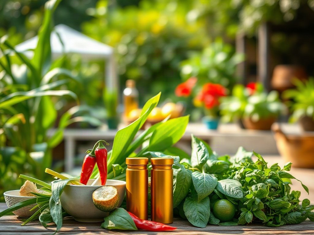 Nguyên liệu từ vườn nhà như sả, ớt, rau thơm