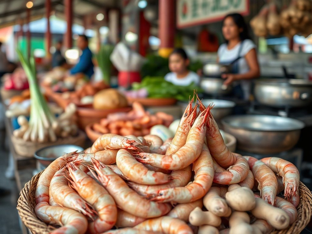 Nguyên liệu tươi từ chợ: tôm, sả, gừng