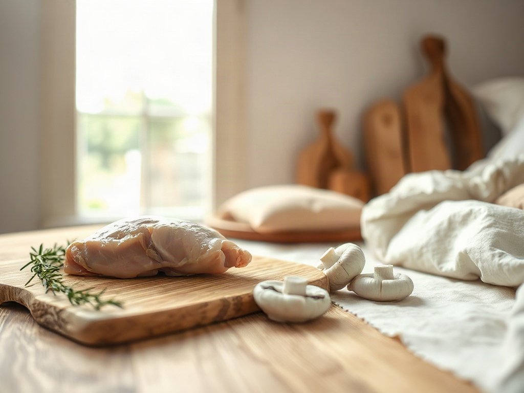 Nguyên liệu ức gà và nấm tươi