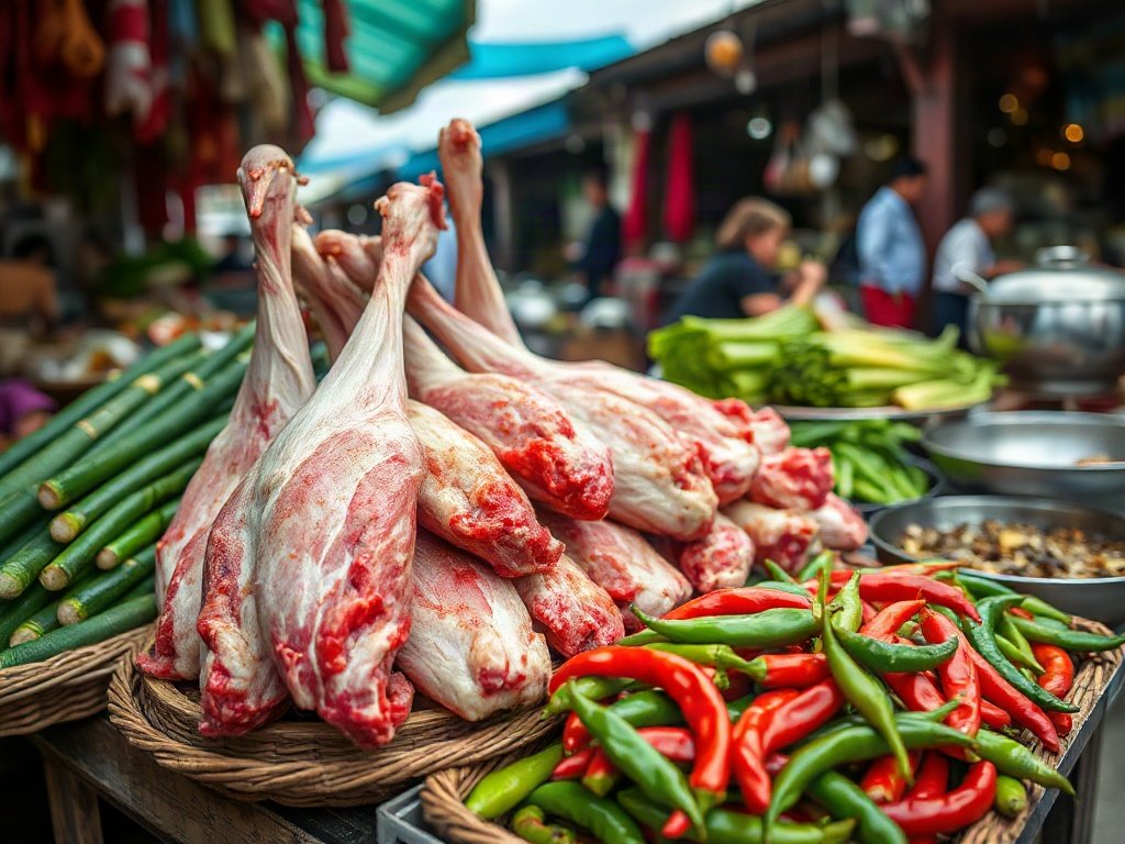Nguyên liệu vịt tươi, măng, ớt tại chợ
