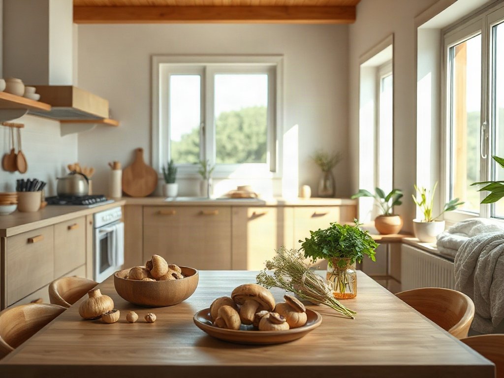 Nhà bếp gọn gàng với nguyên liệu nấm xào sả ớt, sắp xếp ngăn nắp