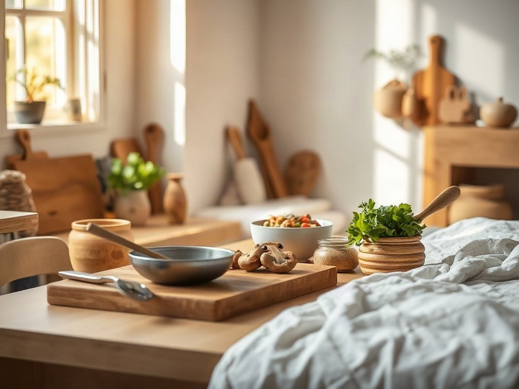 Nhà bếp hiện đại với dụng cụ nấu và nguyên liệu nấm xào chay, sáng và gọn