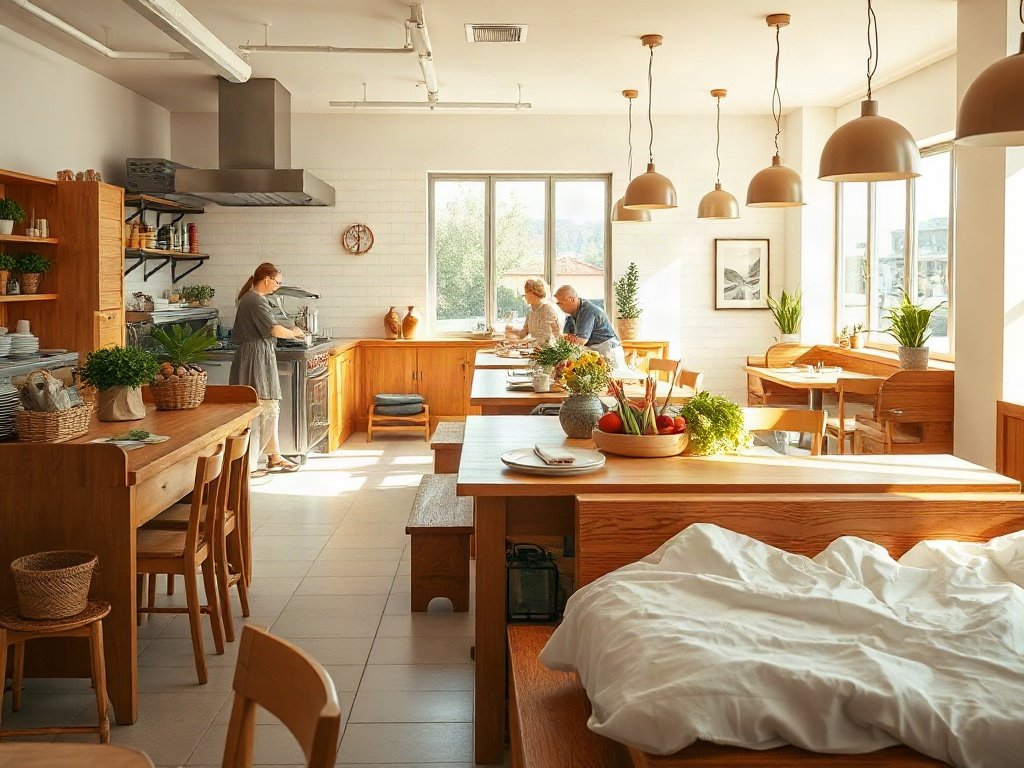 Nhà bếp mở sáng sủa trong nhà hàng chay