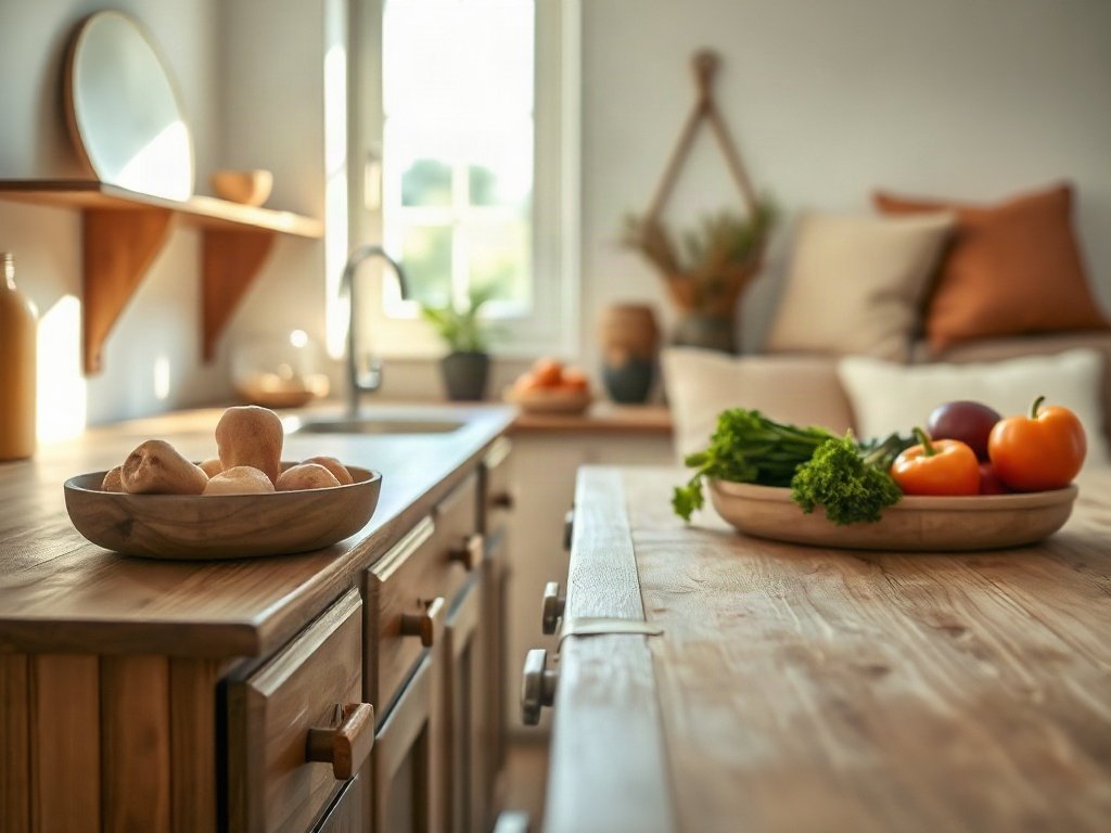 Nhà bếp mộc mạc với rau tươi
