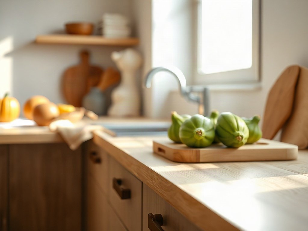 Nhà bếp tối giản với các nguyên liệu tươi, nổi bật bí đao