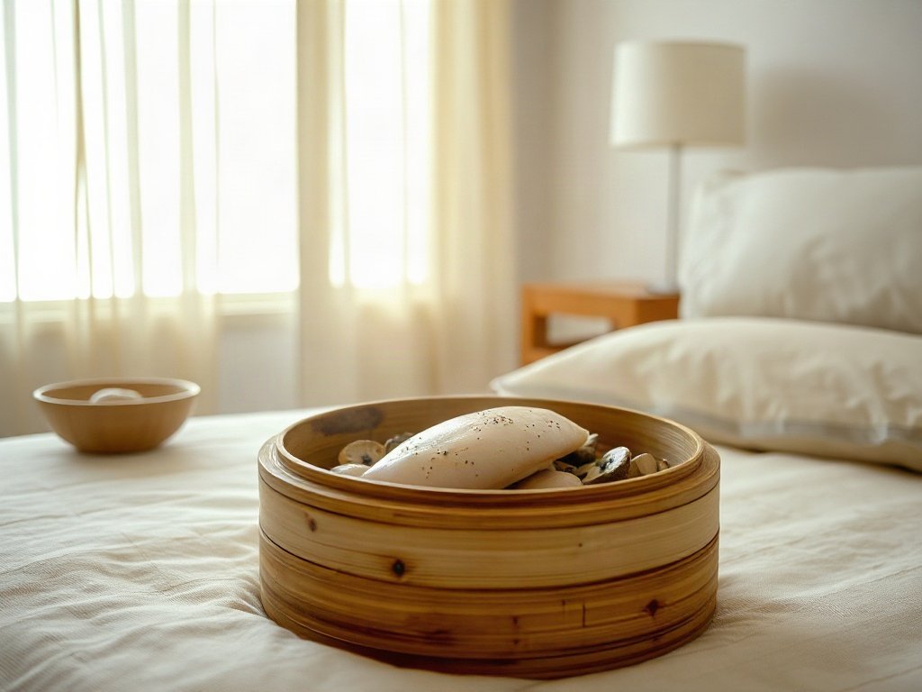 Nồi hấp chứa ức gà và nấm, phong cách truyền thống