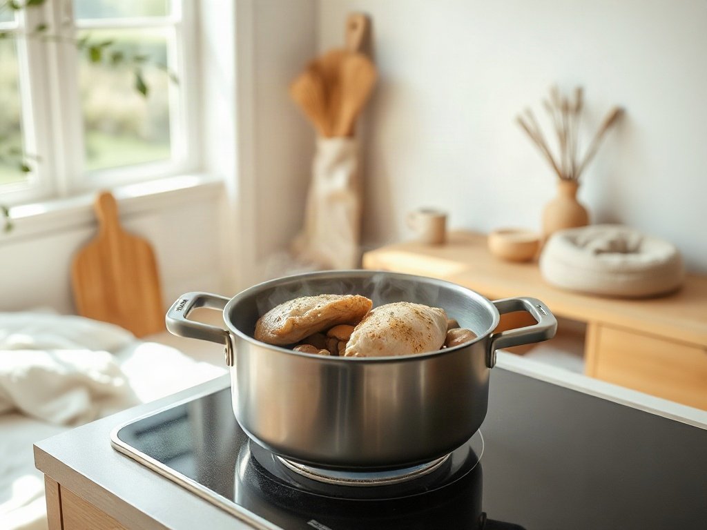 Nồi hấp gà với nấm trên bếp