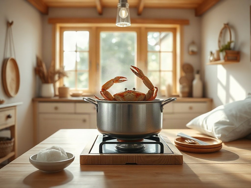 Nồi nước dùng cua đang sôi trong bếp Việt Nam