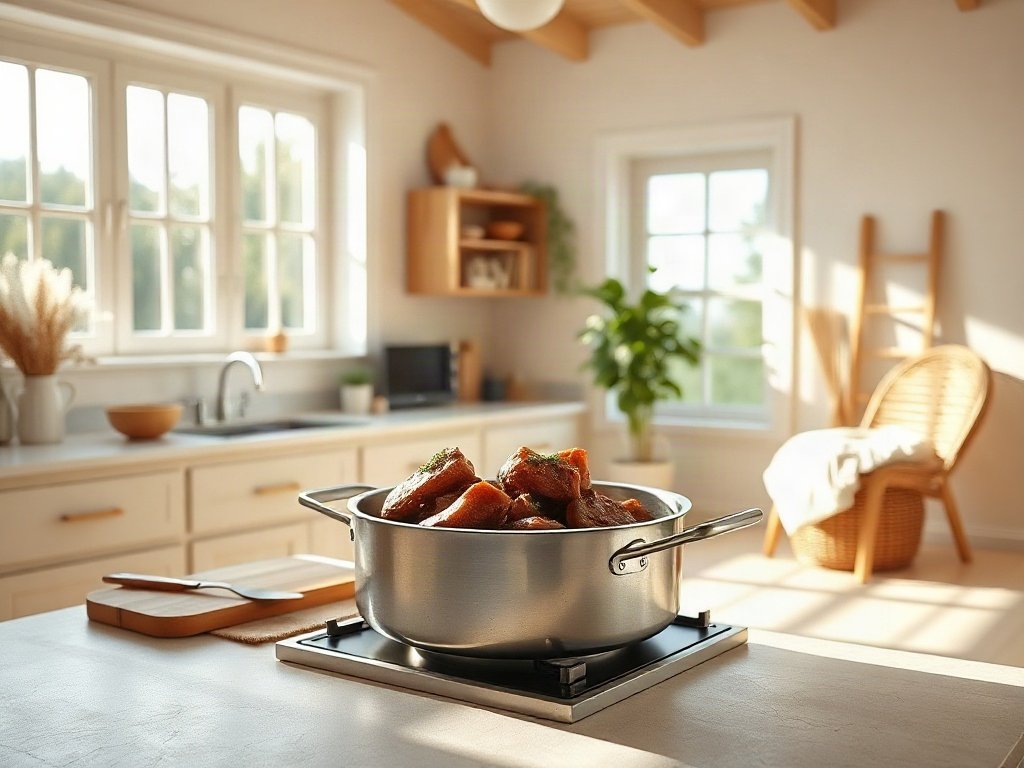 Nồi thịt kho đang sôi trong bếp