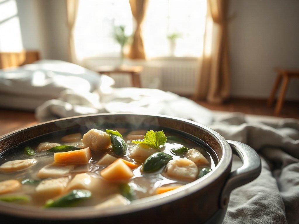nước dùng gà đang sôi cùng rau củ