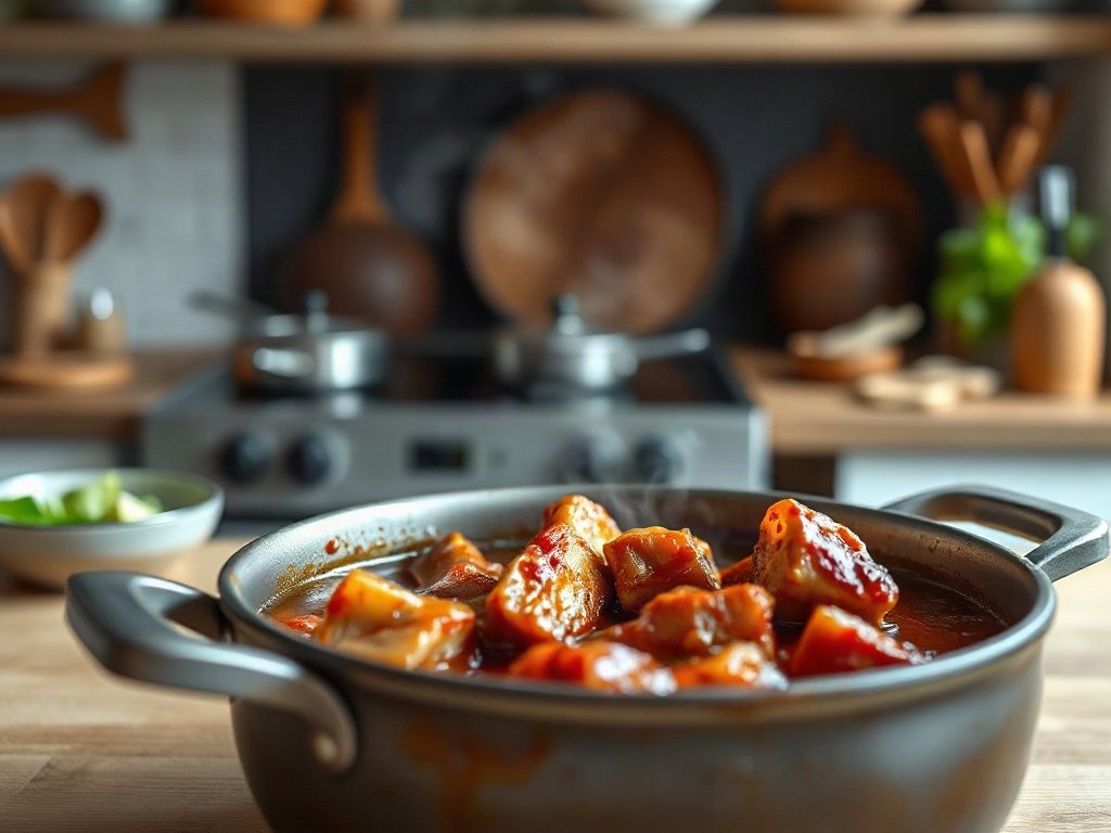 Nước kho caramel và thịt trong nồi