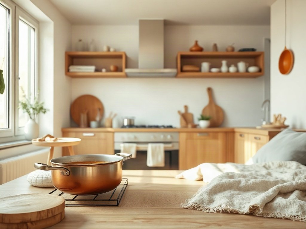 Nước màu cánh gián sôi trong nồi, bếp sáng sủa