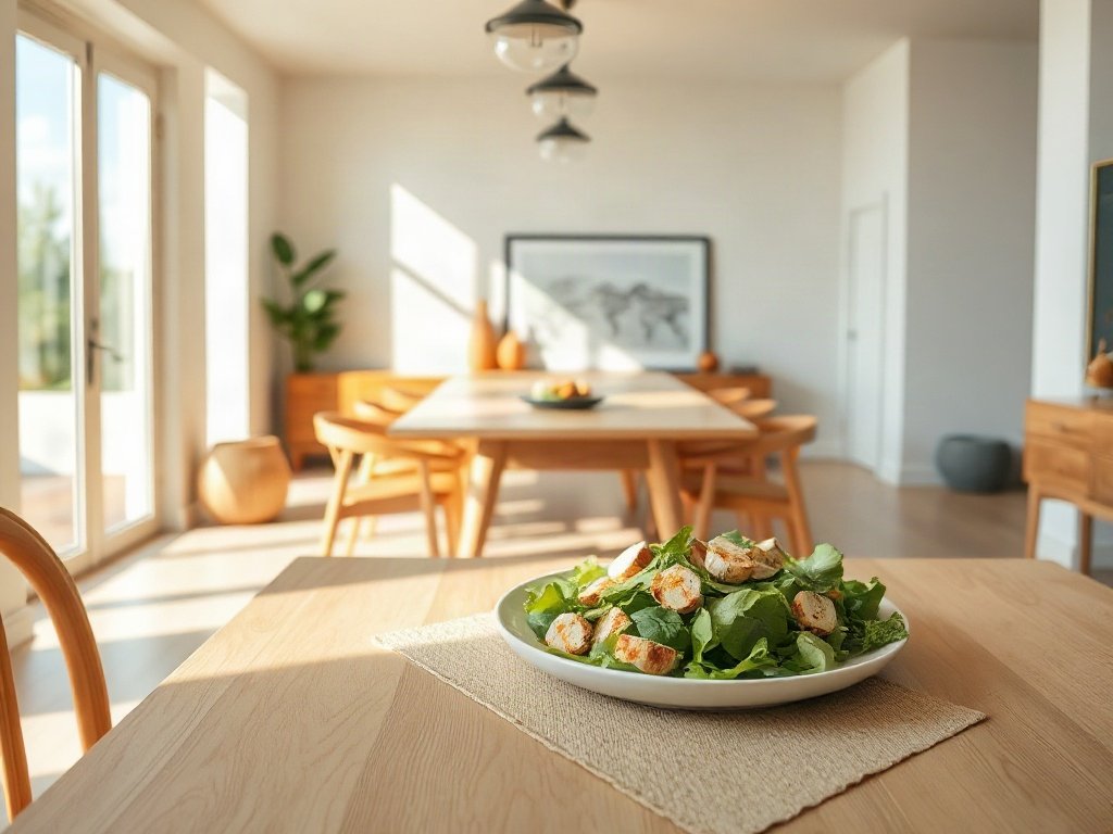 phòng ăn hiện đại với salad ức gà đơn giản, thanh lịch