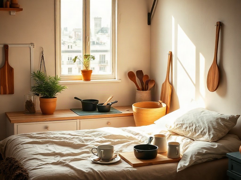 Phòng bếp hiện đại với dụng cụ chảo gang