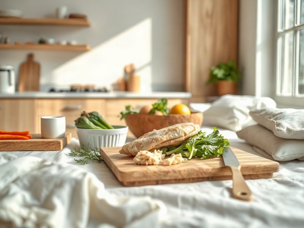 quá trình chuẩn bị salad ức gà trong bếp hiện đại