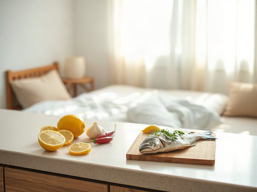 Quầy bếp với chanh, tỏi, ớt bên cạnh cá nướng