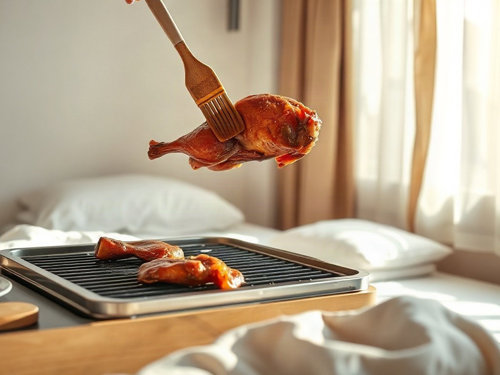 Quét gia vị lên vịt trên vỉ nướng