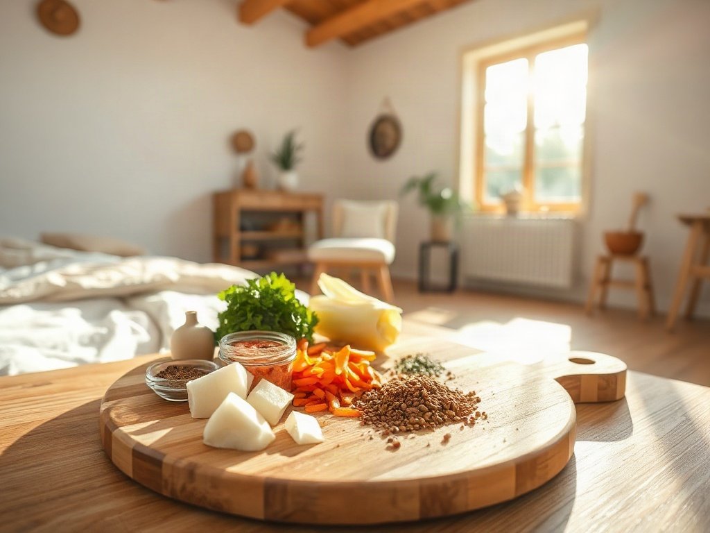 Rau củ và gia vị xắt nhỏ trên thớt tre