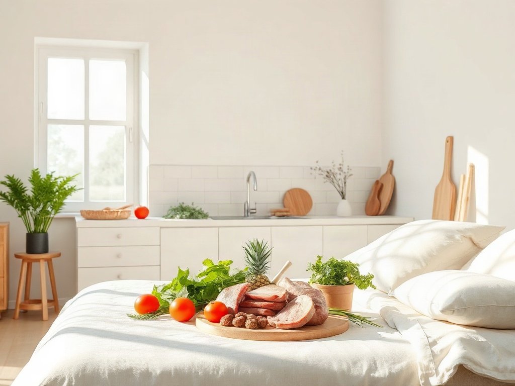 Rau củ và thịt tươi trong bếp sáng đẹp