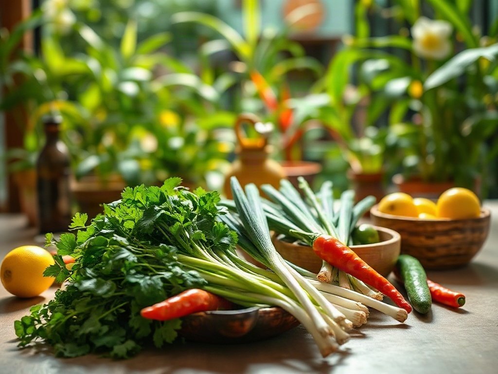 Rau ngổ và hành lá hái từ vườn nhà