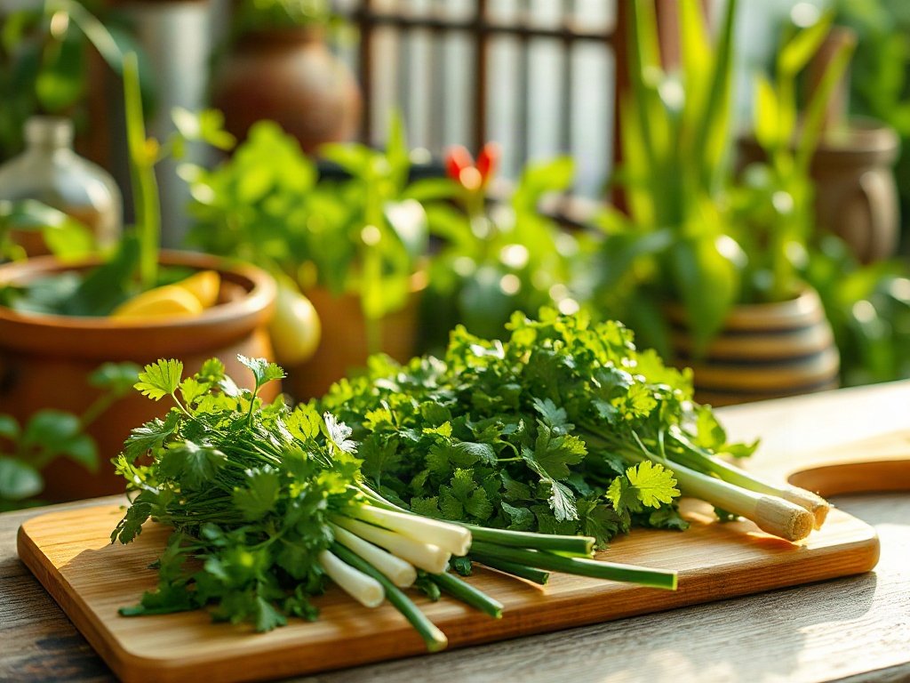 Rau thơm gồm ngò và hành trên thớt