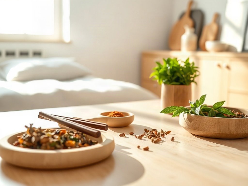Rau thơm và gia vị Việt trên bàn bếp sạch sẽ tối giản