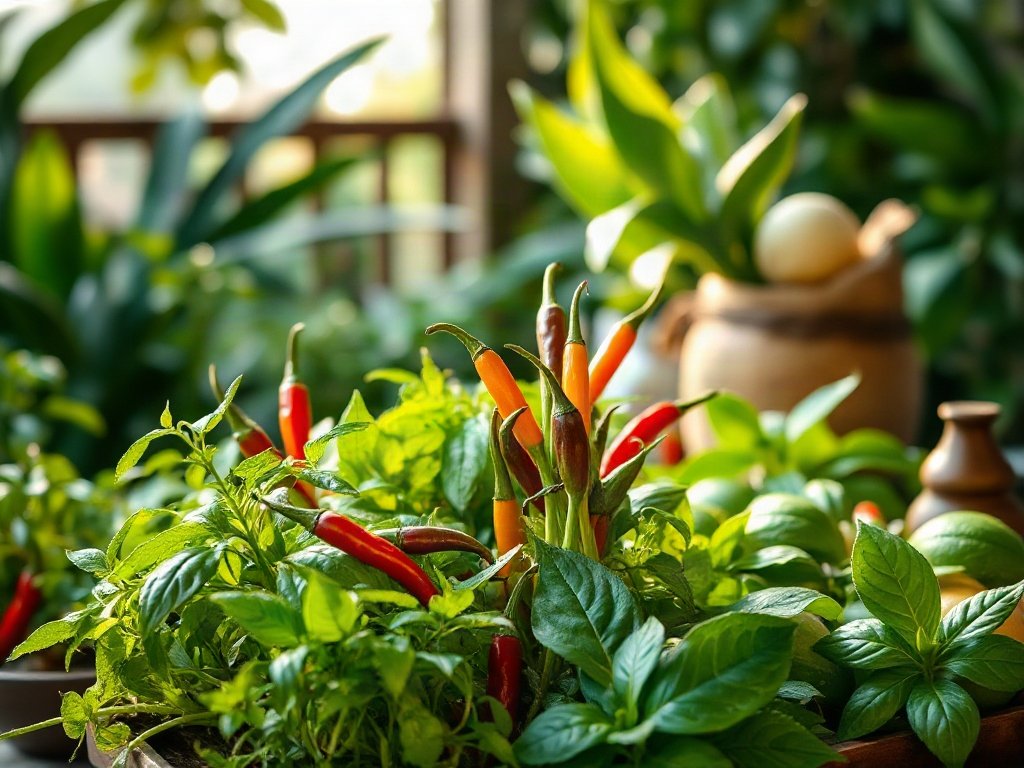 Rau thơm và ớt từ vườn nhà