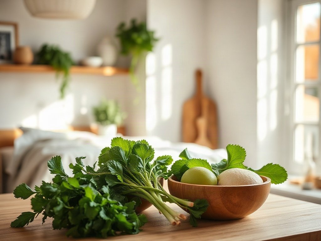 Rau xanh tươi trên mặt bếp